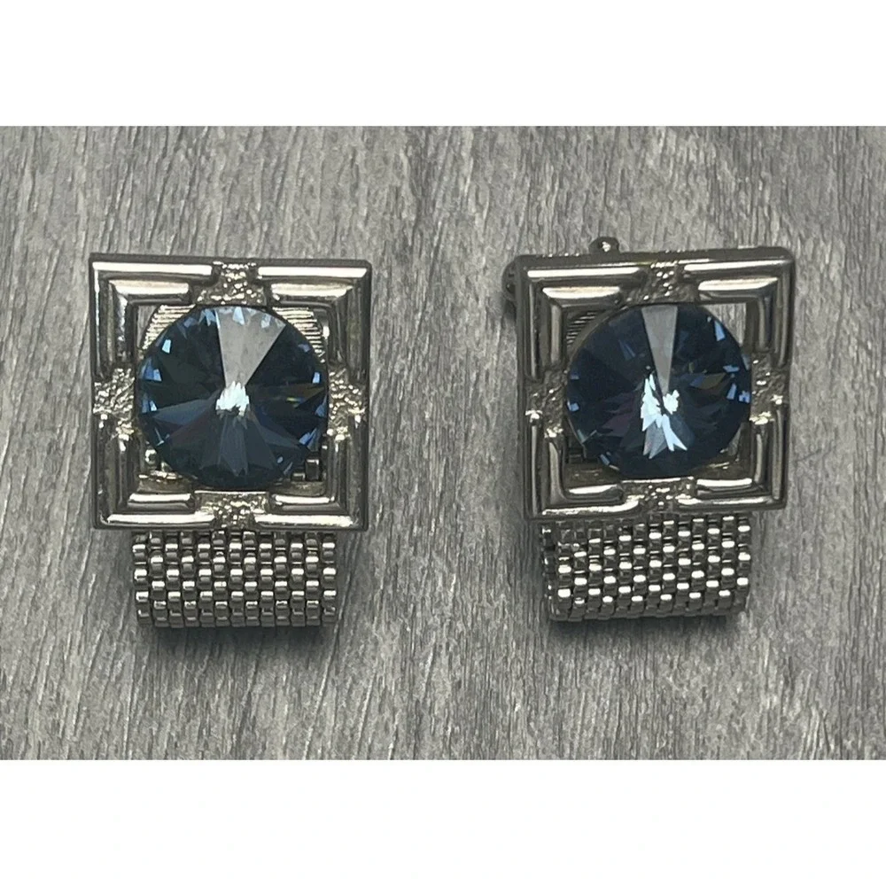 Vintage Men's Cufflinks Silver-Tone Mesh Faceted Blue Stone Square Frame‎